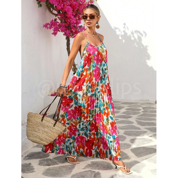 Bright Floral Multicolor Tropical Pleated Maxi Flared Dress - Picture 4 of 8
